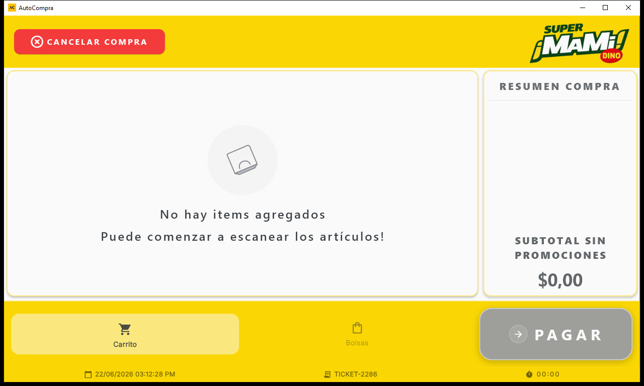 Pantalla de carrito (ticket abierto, vacío)