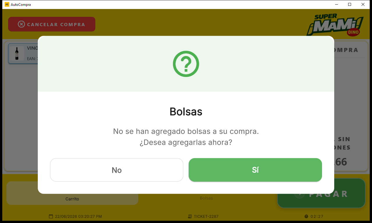Diálogo de bolsas antes de validar
